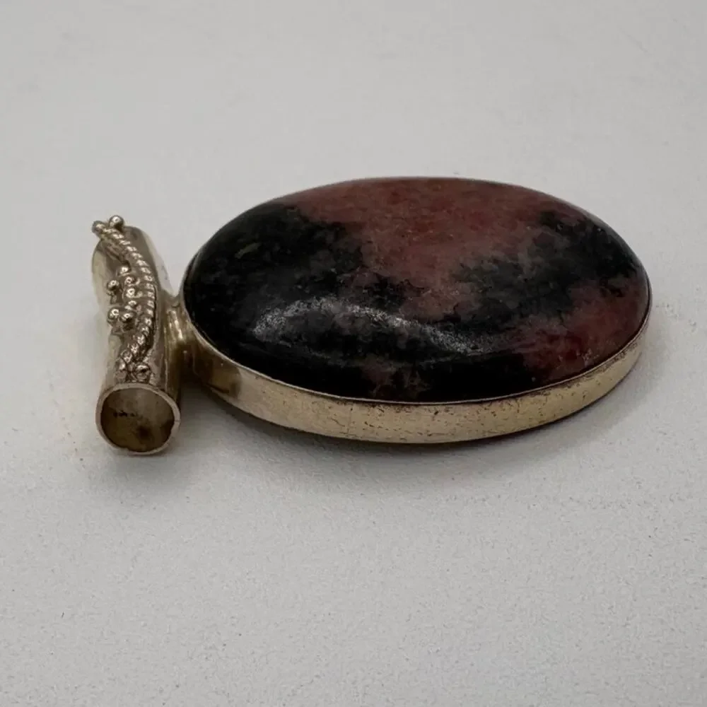 Rhodanite Pink & Black Stone Pendant in Sterling Silver Slide Setting